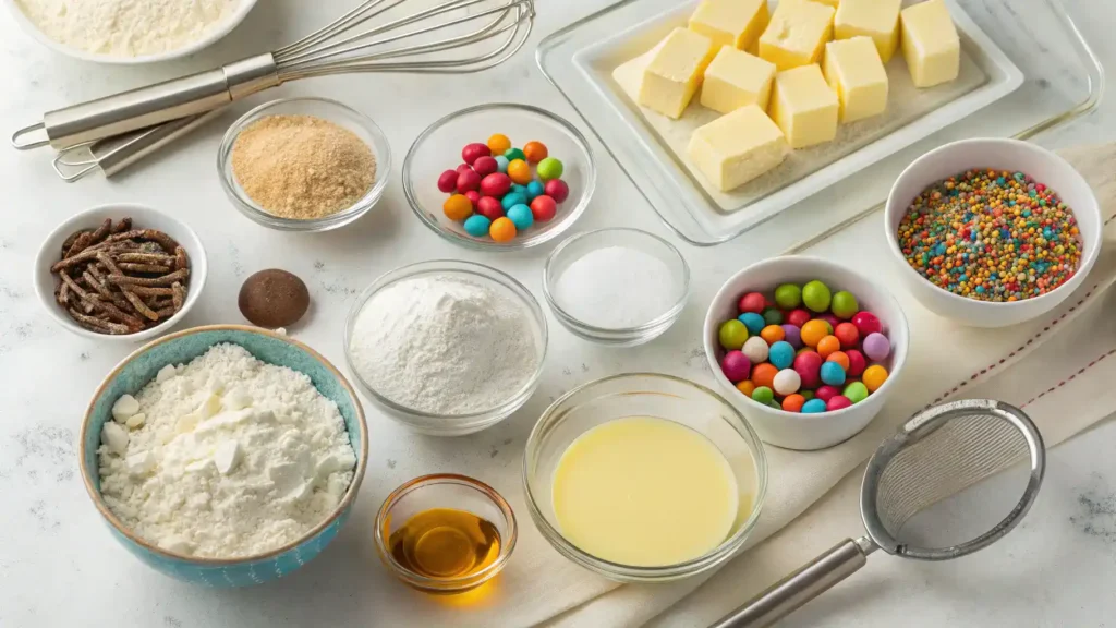 Ingredients for cake and pops including flour, sugar, eggs, and chocolate.