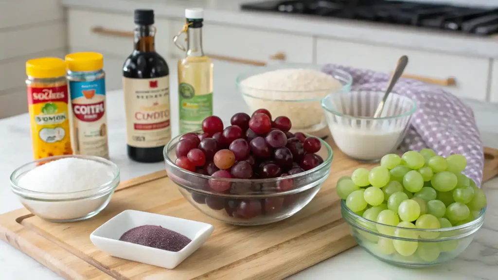 Ingredients for making candy grapes including grapes, sugar, and food coloring.