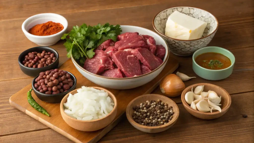 Ingredients for carne en su jugo displayed on a wooden table.