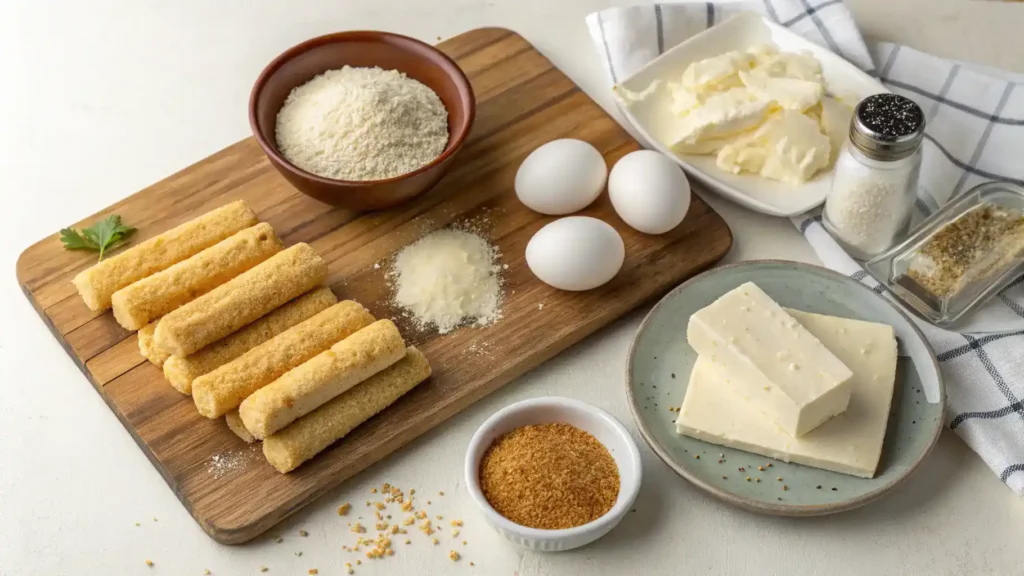 Ingredients for making cheese sticks, including mozzarella cheese, flour, breadcrumbs, and seasonings.
