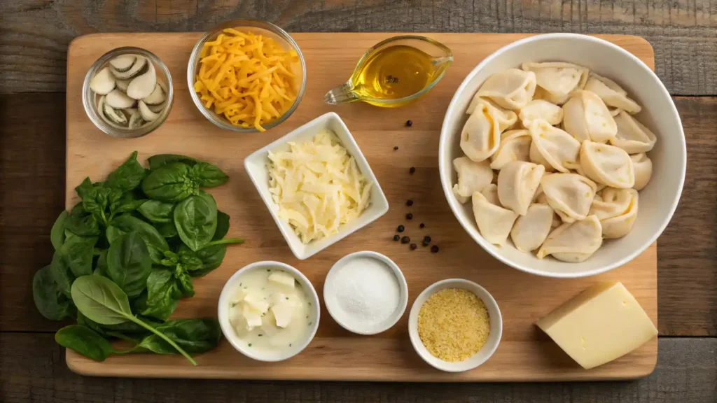 Ingredients for Cheesy Chicken Tortellini displayed on a wooden table.