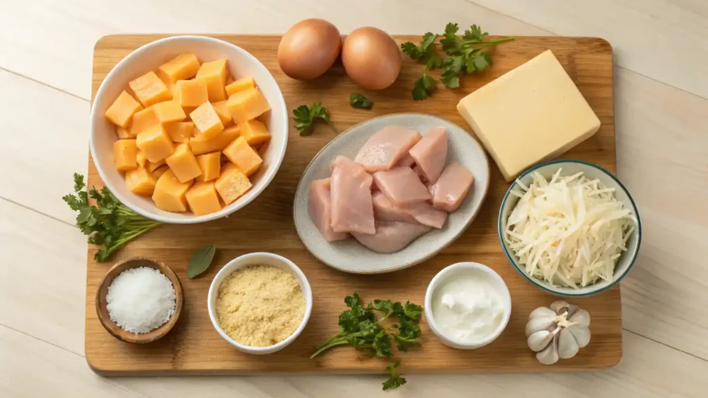 Ingredients for Chicken Cheez displayed on a kitchen counter.