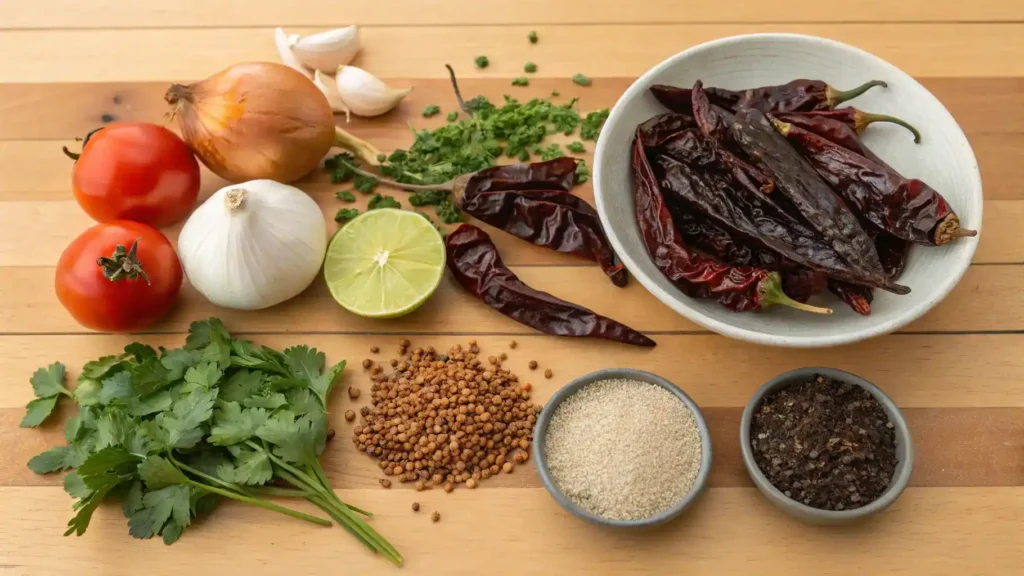 Ingredients for a Chile Ancho recipe including garlic, onion, and spices displayed on a wooden surface.