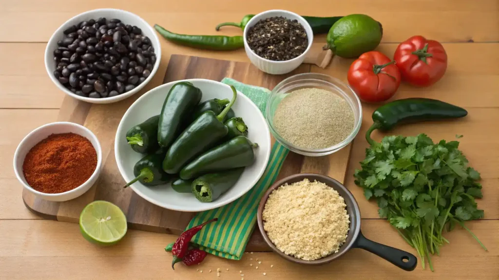 Ingredients for Chile Poblano recipe including fresh peppers, quinoa, and spices.