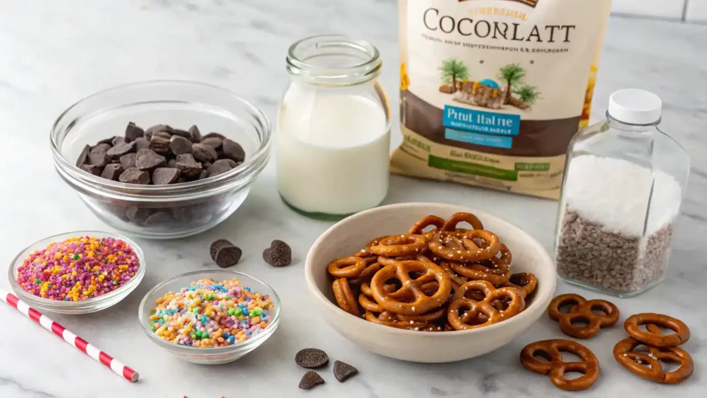 Ingredients for chocolate covered pretzels displayed on a wooden table.
