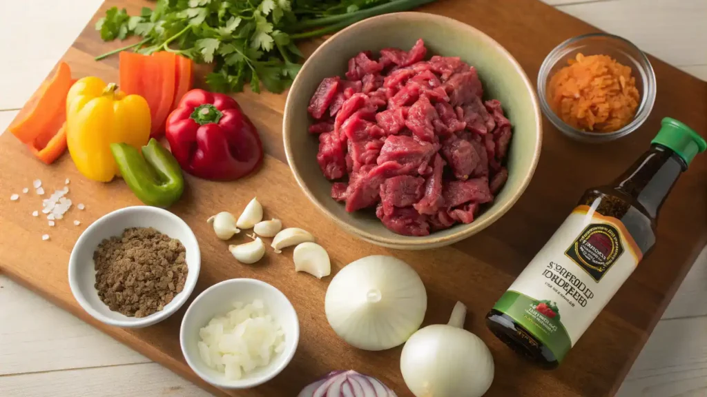 Ingredients for chopped beef recipe including chopped beef, onions, garlic, and bell peppers.