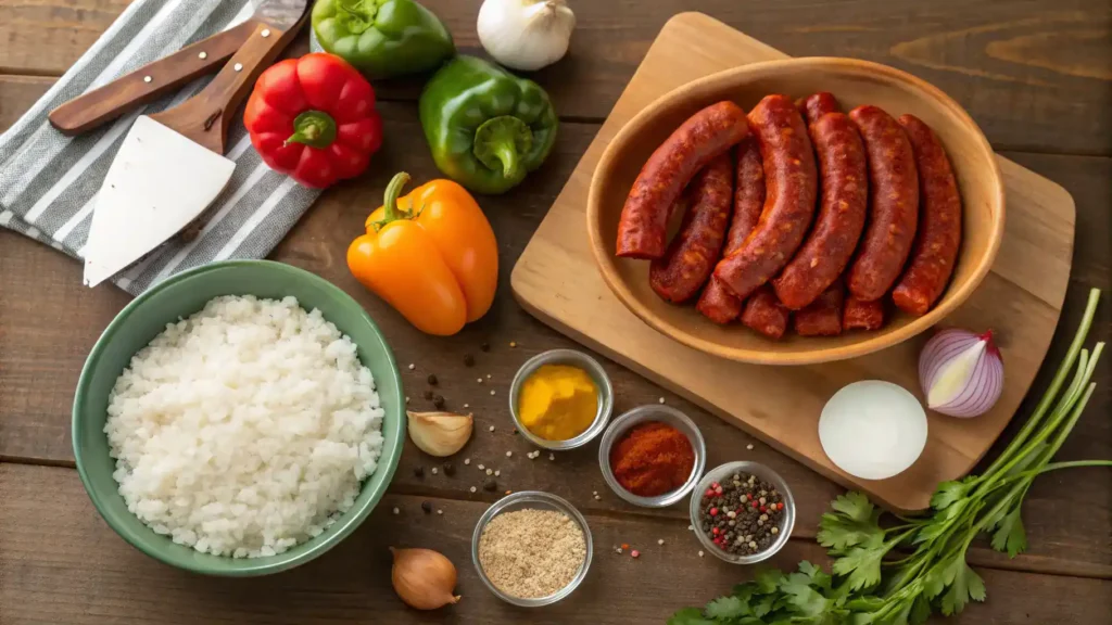 A vibrant display of ingredients for choru, including rice, vegetables, and spices.