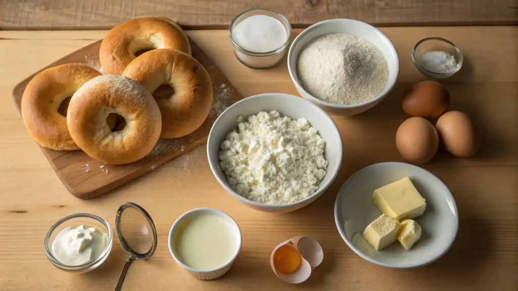 Ingredients for cottage cheese bagels including cottage cheese, whole wheat flour, and spices.