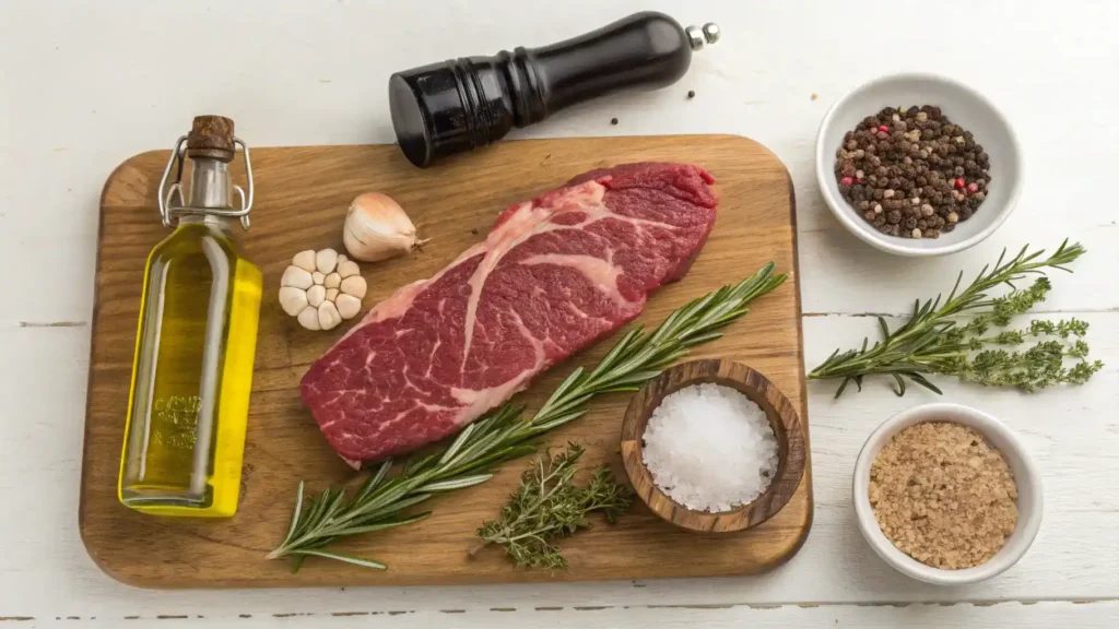 Ingredients for coulotte steak including olive oil, salt, pepper, garlic powder, onion powder, and fresh herbs.