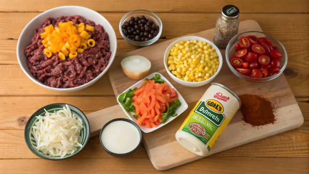 Ingredients for cowboy casserole displayed on a kitchen counter.