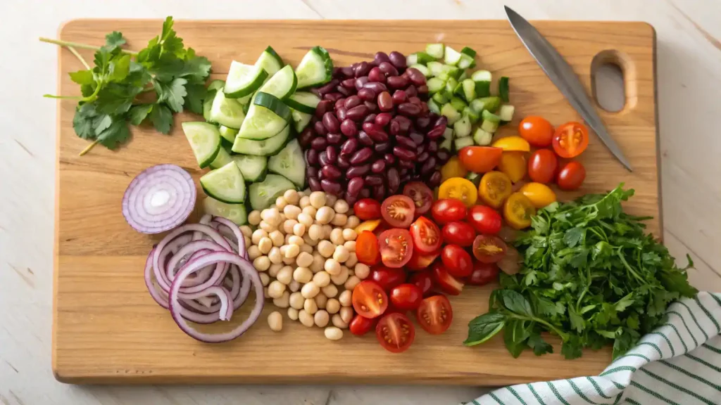 Ingredients for a dense bean salad displayed on a wooden cutting board.