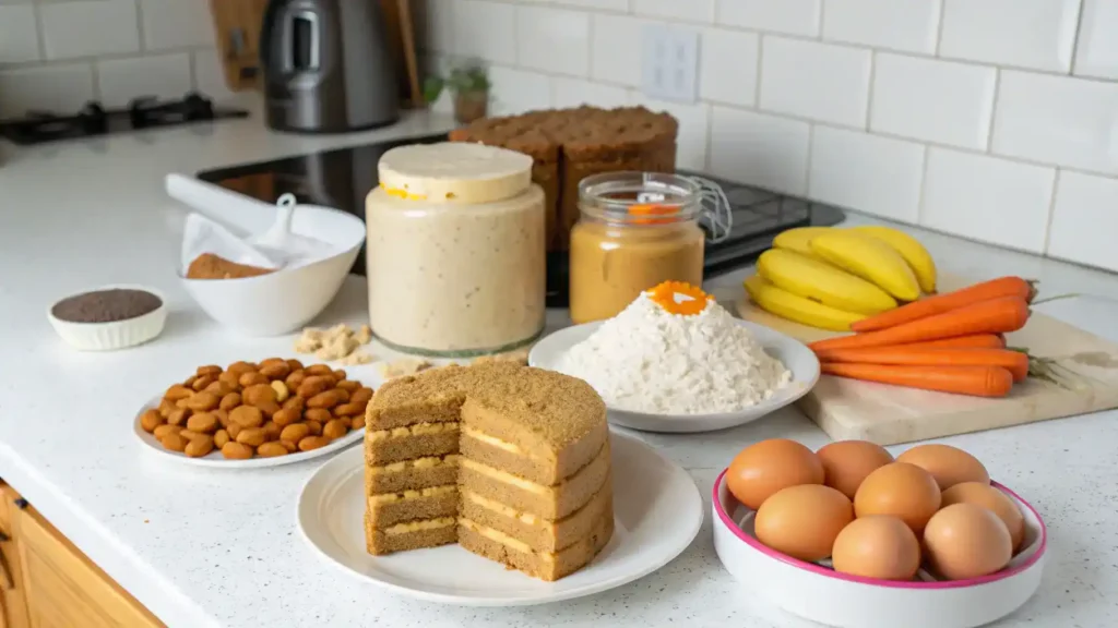Ingredients for a dog birthday cake displayed on a kitchen counter.