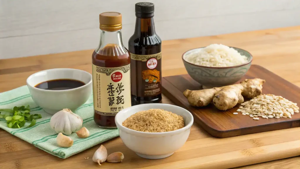 Ingredients for General Tso sauce arranged on a wooden countertop.