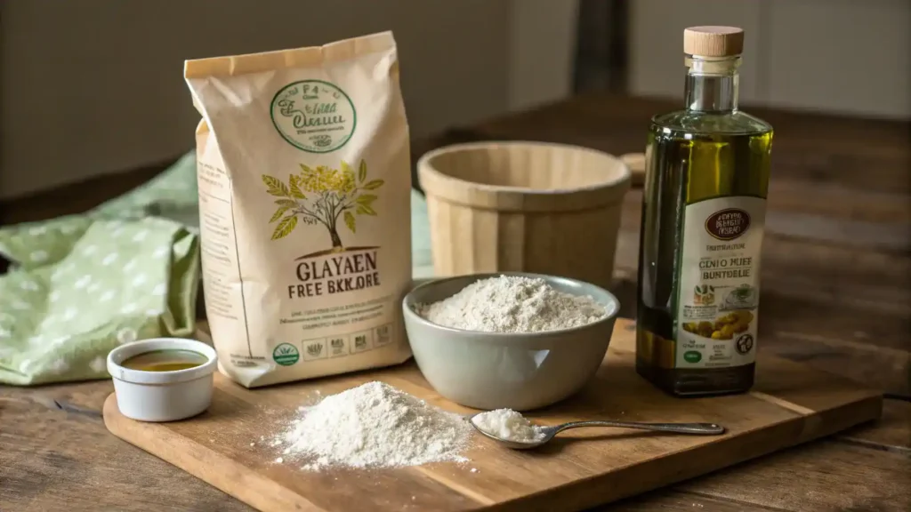 Ingredients for gluten free bread displayed on a wooden countertop.