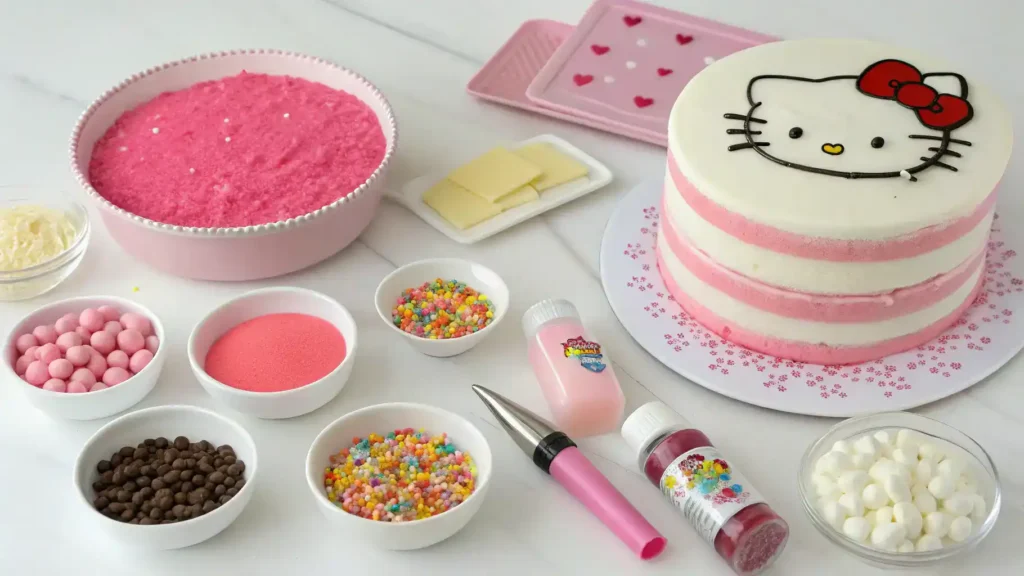 Ingredients for Hello Kitty cake displayed on a kitchen counter.