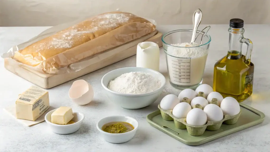 Ingredients for making hoagie rolls displayed on a wooden table.