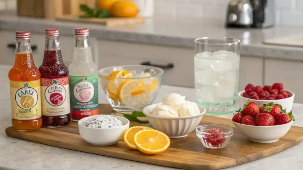 Ingredients for making Italian soda including sparkling water, flavored syrup, fresh fruit, and ice.