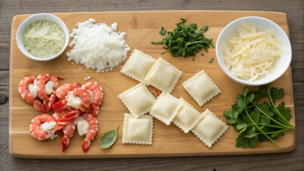 Ingredients for lobster ravioli including lobster meat, ricotta cheese, and fresh herbs.