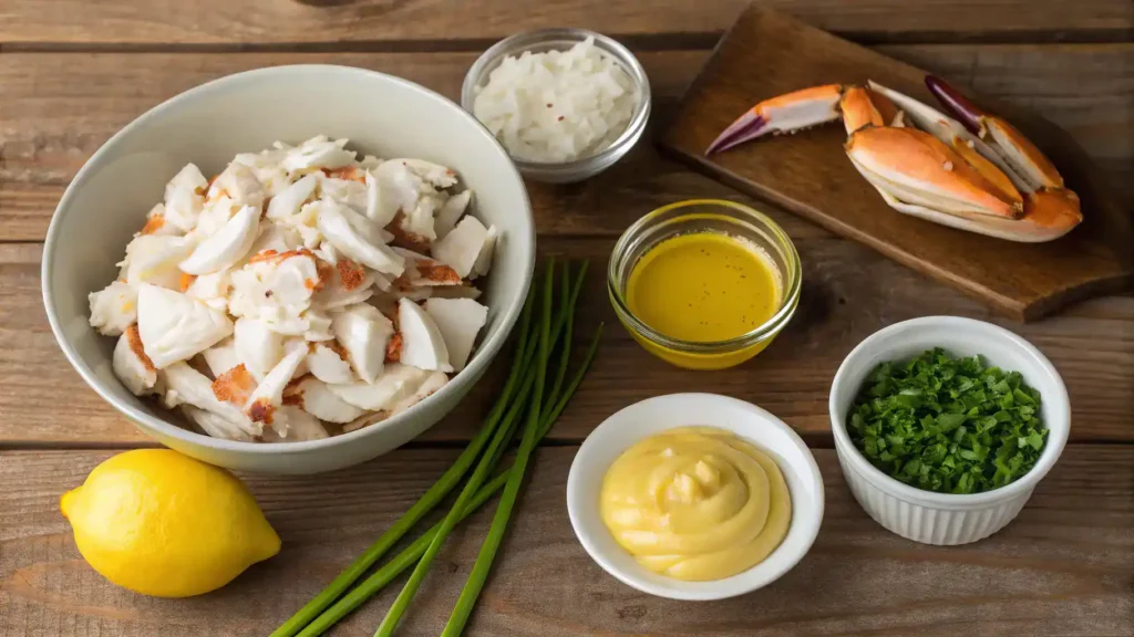 Ingredients for a lump crab meat recipe displayed on a wooden table.
