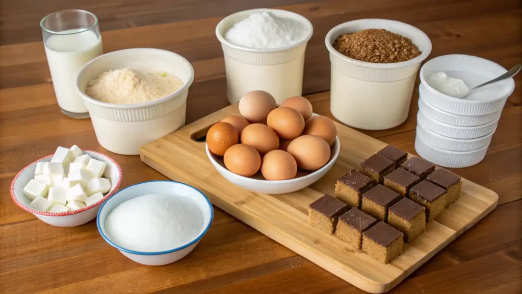Ingredients for Minecraft cake including flour, sugar, cocoa powder, and eggs displayed on a wooden table.