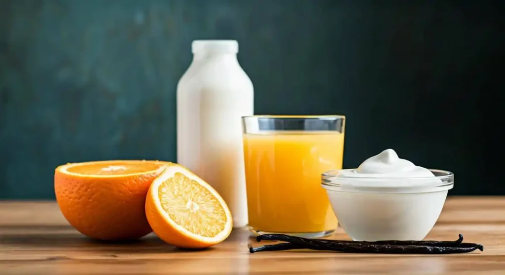 Ingredients for orange creamsicles displayed on a wooden table.