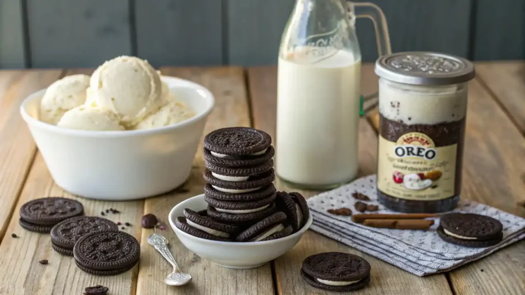 Ingredients for Oreo ice cream displayed on a wooden table.