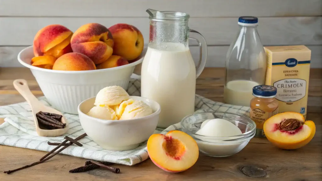 Ingredients for peach ice cream displayed on a wooden table.