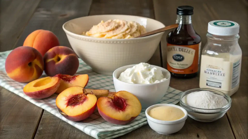 Ingredients for peaches and cream dessert, including fresh peaches, heavy cream, and sugar.