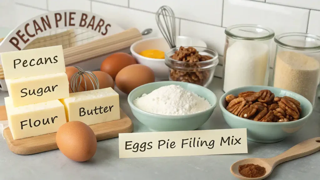 Ingredients for pecan pie bars including butter, sugar, flour, eggs, and pecans displayed on a kitchen counter.