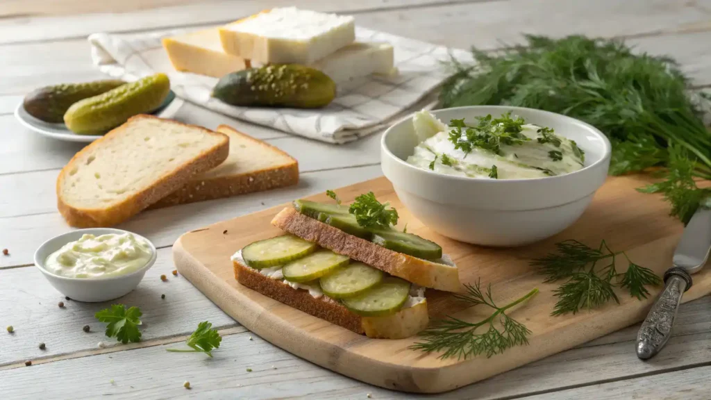 Ingredients for a pickle sandwich displayed on a wooden table.