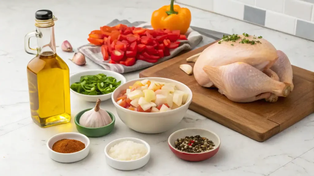 Ingredients for pollo guisado including chicken, vegetables, and spices arranged on a kitchen counter.