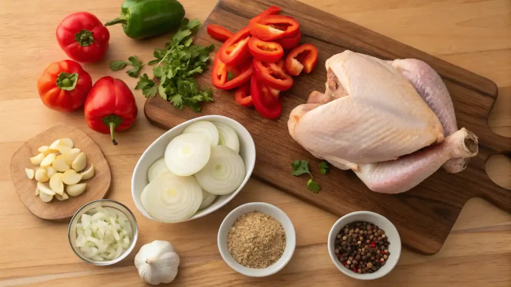 Ingredients for pollo guisado including chicken, onions, garlic, bell peppers, tomatoes, and spices.
