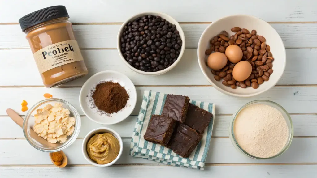 Ingredients for protein brownies displayed on a wooden table.