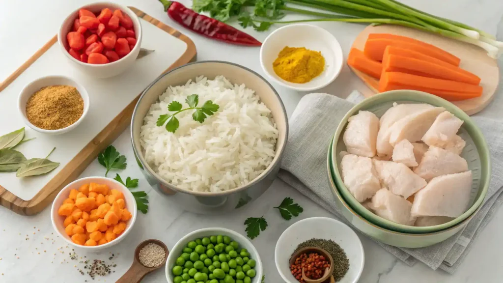 Ingredients for rice cooker meals including rice, vegetables, chicken, and spices.