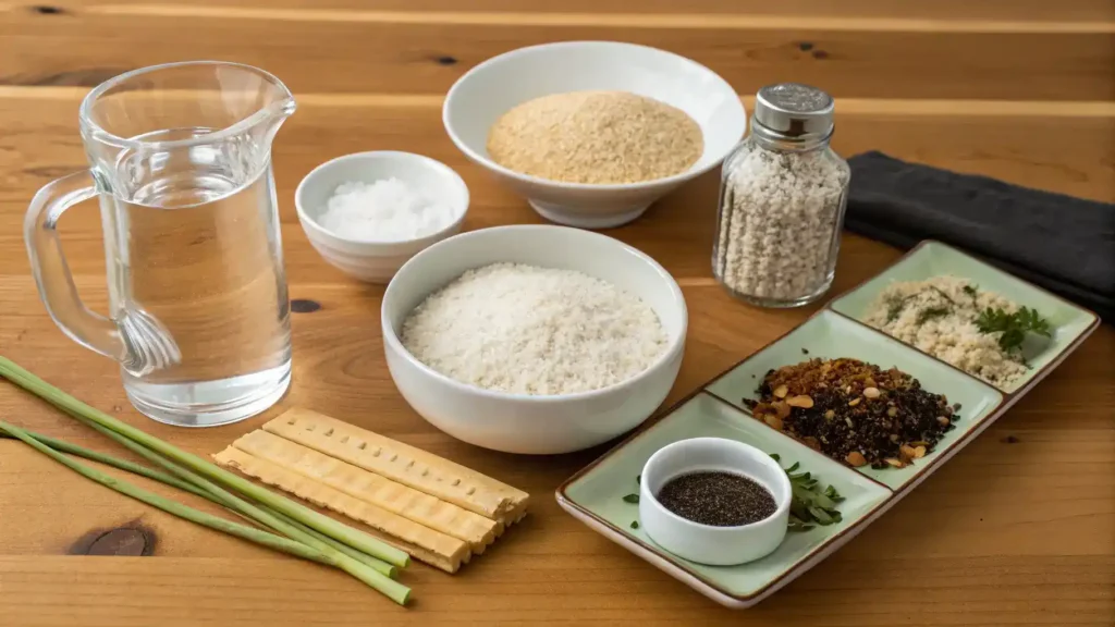 Ingredients for making rice crackers displayed on a wooden countertop.