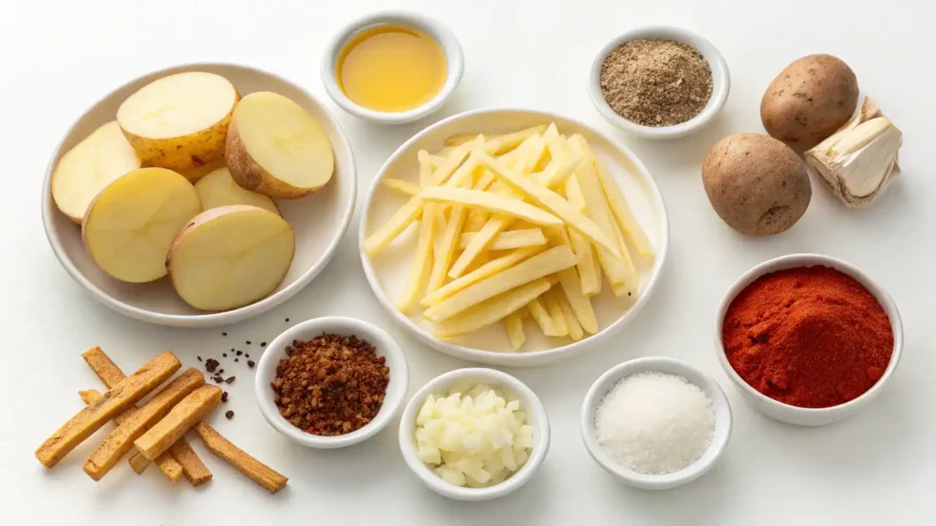 Ingredients for making shoestring fries, including potatoes and seasonings.