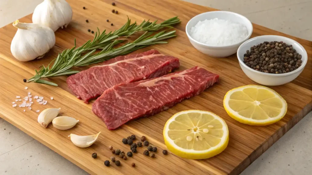 Ingredients for skirt steak steaks including olive oil, garlic, onion powder, and spices.
