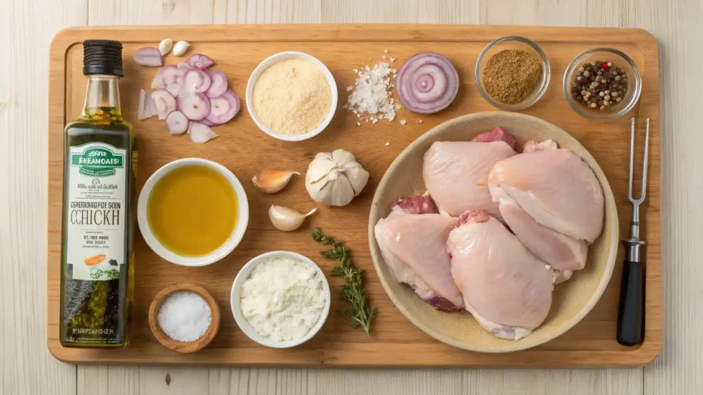 Ingredients for smothered chicken displayed on a wooden table.