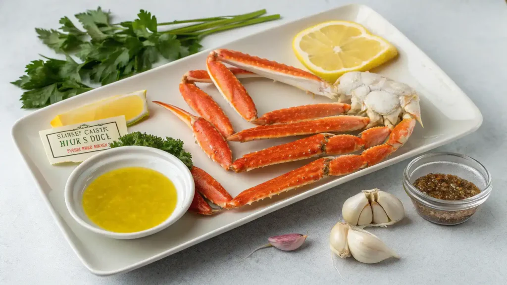 Ingredients for making snow crab legs including crab legs, butter, lemon, garlic, and seasoning.
