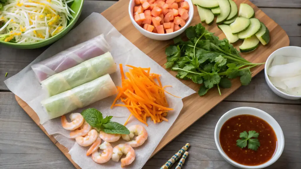 Ingredients for making spring rolls, including rice paper, vegetables, shrimp, and herbs.