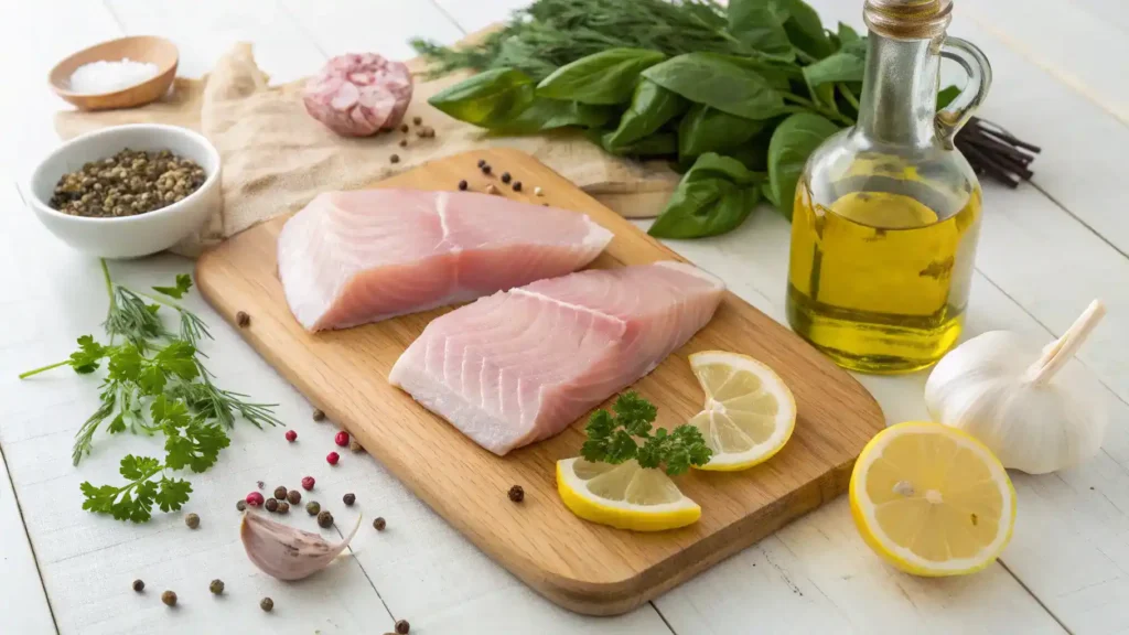 Fresh ingredients for swordfish recipes including swordfish steaks, olive oil, lemon, garlic, and herbs.