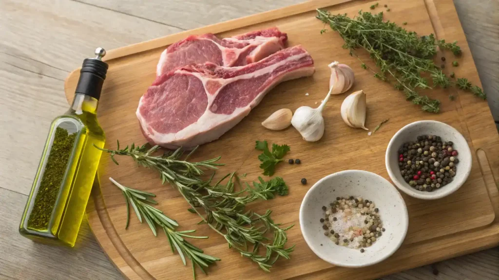 Ingredients for veal chop recipe including veal, olive oil, garlic, and herbs.