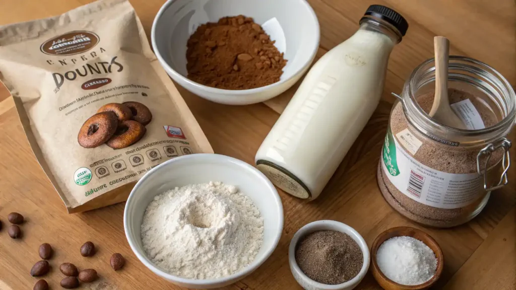 Ingredients for vegan donuts displayed on a wooden table.
