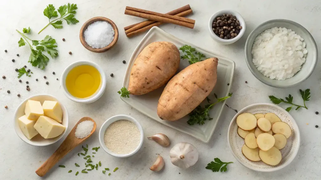 Ingredients for a white sweet potato recipe, including olive oil, garlic, fresh herbs, and spices, beautifully arranged.