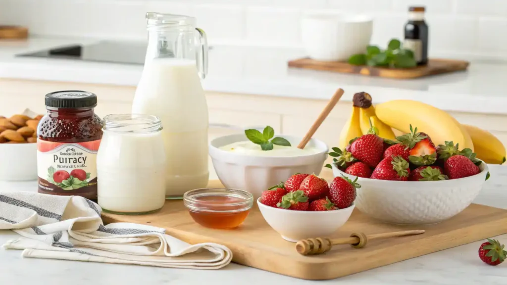 Ingredients for a yogurt drink displayed on a kitchen counter.