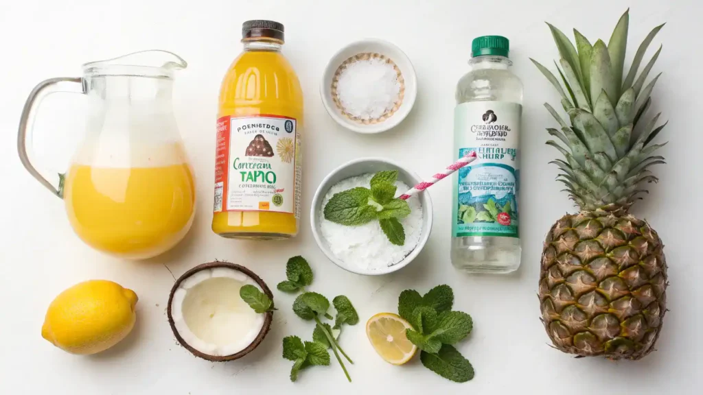 Ingredients for a transfusion drink displayed on a wooden table.