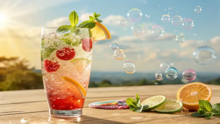 A refreshing glass of Italian soda garnished with fresh fruit and mint.