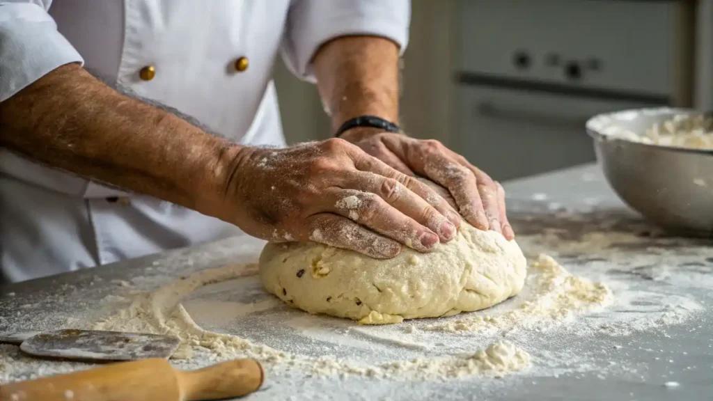 Baker kneading gluten free bread dough.