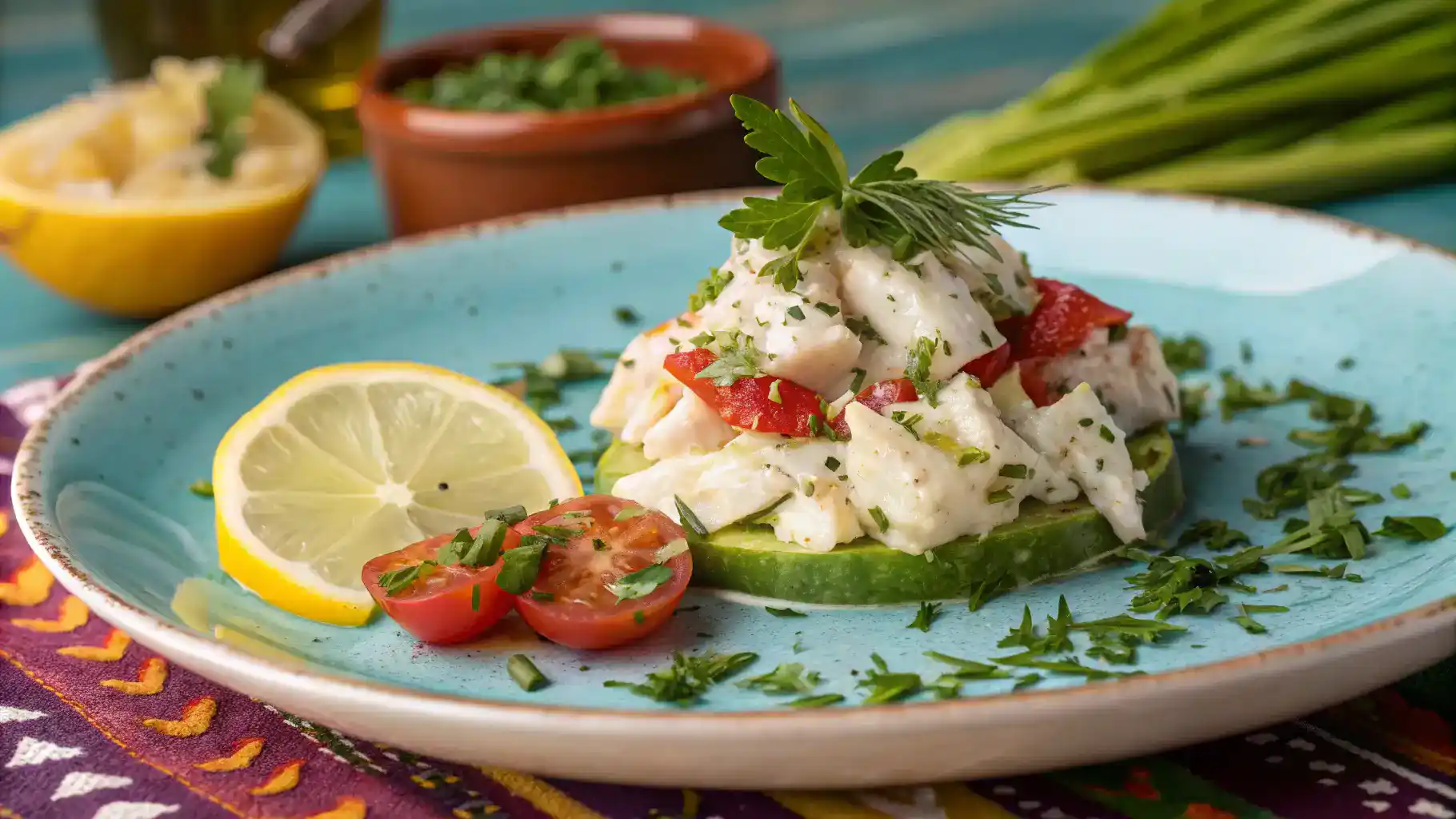 A beautifully plated dish of lump crab meat garnished with herbs and lemon.