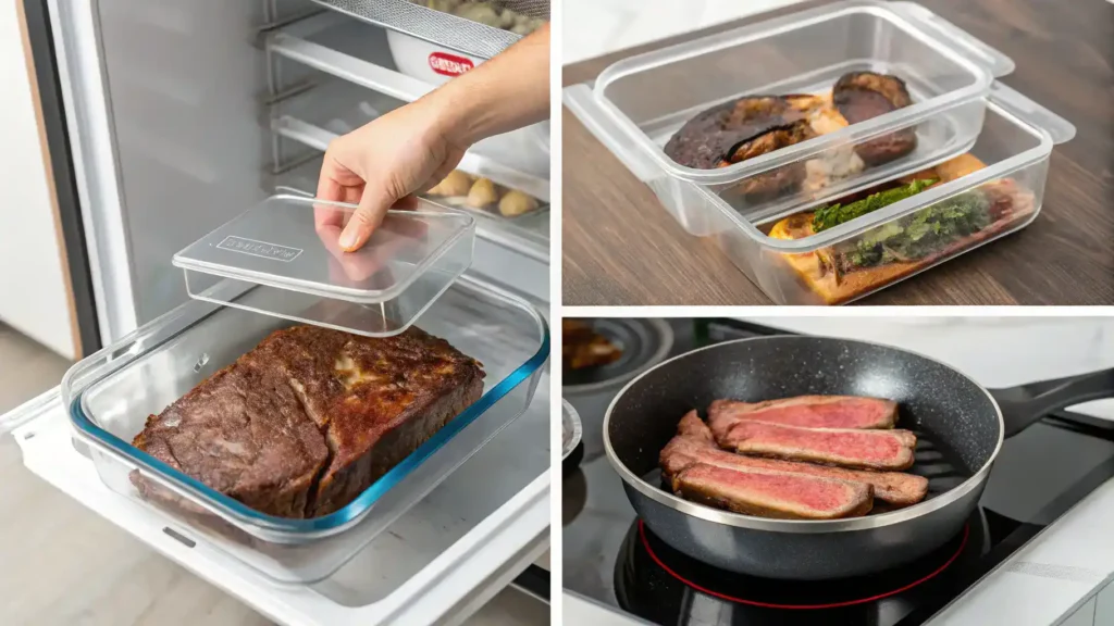 Storing and reheating leftover coulotte steak in containers and a skillet.